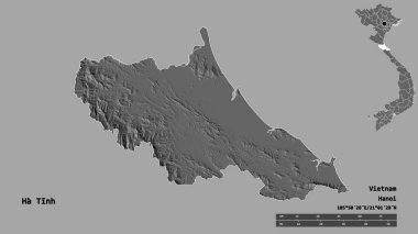 Vietnam vilayeti Ha Tinh 'in sureti, başkenti sağlam bir zemin üzerinde izole edilmiş. Uzaklık ölçeği, bölge önizlemesi ve etiketleri. Çift seviyeli yükseklik haritası. 3B görüntüleme