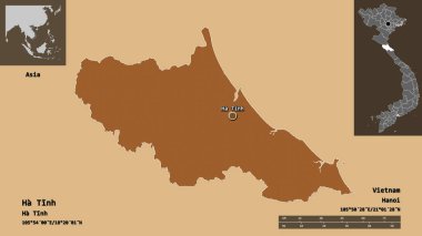 Vietnam vilayeti Ha Tinh ve başkenti. Uzaklık ölçeği, ön gösterimler ve etiketler. Desenli dokuların bileşimi. 3B görüntüleme