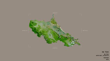 Vietnam vilayeti, Ha Tinh bölgesi, jeoreferatlı bir sınır kutusunda sağlam bir arka planda izole edilmiş. Etiketler. Uydu görüntüleri. 3B görüntüleme