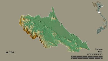 Vietnam vilayeti Ha Tinh 'in sureti, başkenti sağlam bir zemin üzerinde izole edilmiş. Uzaklık ölçeği, bölge önizlemesi ve etiketleri. Topografik yardım haritası. 3B görüntüleme