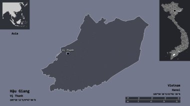 Hau Giang 'ın şekli, Vietnam vilayeti ve başkenti. Uzaklık ölçeği, ön gösterimler ve etiketler. Renkli yükseklik haritası. 3B görüntüleme