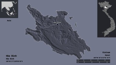 Hoa Binh 'in şekli, Vietnam vilayeti ve başkenti. Uzaklık ölçeği, ön gösterimler ve etiketler. Renkli yükseklik haritası. 3B görüntüleme