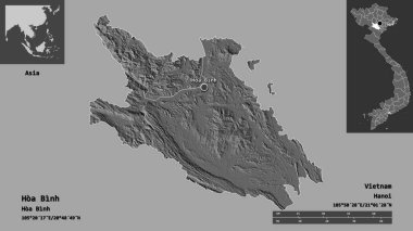 Hoa Binh 'in şekli, Vietnam vilayeti ve başkenti. Uzaklık ölçeği, ön gösterimler ve etiketler. Çift seviyeli yükseklik haritası. 3B görüntüleme