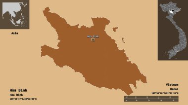 Hoa Binh 'in şekli, Vietnam vilayeti ve başkenti. Uzaklık ölçeği, ön gösterimler ve etiketler. Desenli dokuların bileşimi. 3B görüntüleme