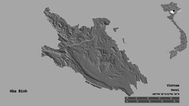Vietnam vilayeti Hoa Binh 'in şekli, başkenti sağlam arka planda izole edilmiş. Uzaklık ölçeği, bölge önizlemesi ve etiketleri. Çift seviyeli yükseklik haritası. 3B görüntüleme