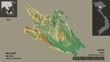 Hoa Binh 'in şekli, Vietnam vilayeti ve başkenti. Uzaklık ölçeği, ön gösterimler ve etiketler. Topografik yardım haritası. 3B görüntüleme