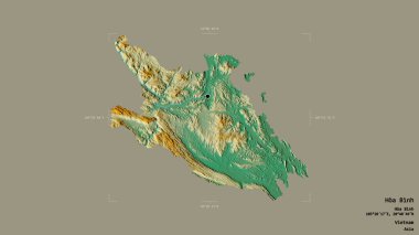 Hoa Binh bölgesi, Vietnam vilayeti, jeoreferatlı bir sınır kutusunda sağlam bir arka planda izole edilmiş. Etiketler. Topografik yardım haritası. 3B görüntüleme