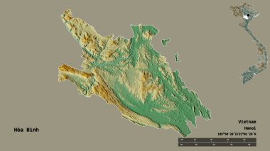 Vietnam vilayeti Hoa Binh 'in şekli, başkenti sağlam arka planda izole edilmiş. Uzaklık ölçeği, bölge önizlemesi ve etiketleri. Topografik yardım haritası. 3B görüntüleme