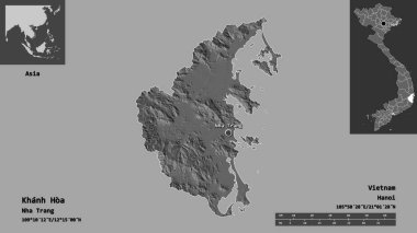 Vietnam vilayeti ve başkenti Khanh Hoa 'nın sureti. Uzaklık ölçeği, ön gösterimler ve etiketler. Çift seviyeli yükseklik haritası. 3B görüntüleme