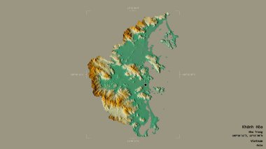 Vietnam 'ın Khanh Hoa bölgesi, katı bir arka planda izole edilmiş bir sınır kutusunda. Etiketler. Topografik yardım haritası. 3B görüntüleme