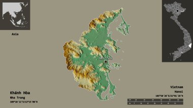 Vietnam vilayeti ve başkenti Khanh Hoa 'nın sureti. Uzaklık ölçeği, ön gösterimler ve etiketler. Topografik yardım haritası. 3B görüntüleme