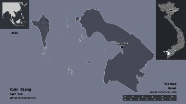 Vietnam vilayeti Kien Giang ve başkenti. Uzaklık ölçeği, ön gösterimler ve etiketler. Renkli yükseklik haritası. 3B görüntüleme