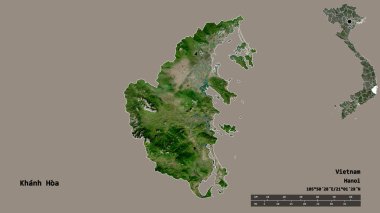 Vietnam Eyaleti 'nin başkenti Khanh Hoa' nın katı bir arka planda izole edilmiş hali. Uzaklık ölçeği, bölge önizlemesi ve etiketleri. Uydu görüntüleri. 3B görüntüleme