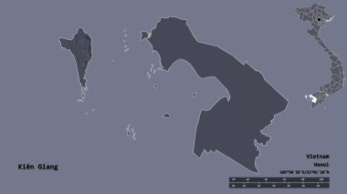 Vietnam vilayeti Kien Giang 'ın sureti, başkenti sağlam bir arka planda izole edilmiş. Uzaklık ölçeği, bölge önizlemesi ve etiketleri. Renkli yükseklik haritası. 3B görüntüleme