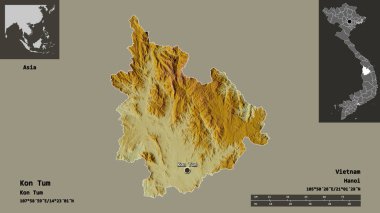 Vietnam vilayeti ve başkenti Kon Tum 'un şekli. Uzaklık ölçeği, ön gösterimler ve etiketler. Topografik yardım haritası. 3B görüntüleme