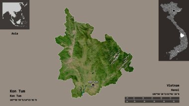 Vietnam vilayeti ve başkenti Kon Tum 'un şekli. Uzaklık ölçeği, ön gösterimler ve etiketler. Uydu görüntüleri. 3B görüntüleme