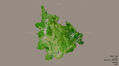 Vietnam vilayeti Kon Tum bölgesi, jeoreferatlı bir sınır kutusunda sağlam bir arka planda izole edilmiş. Etiketler. Uydu görüntüleri. 3B görüntüleme