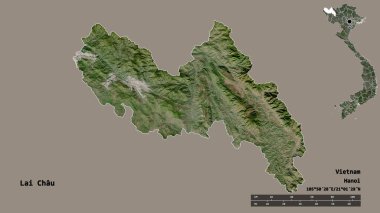Lai Chau 'nun şekli, Vietnam vilayeti, başkenti sağlam arka planda izole edilmiş. Uzaklık ölçeği, bölge önizlemesi ve etiketleri. Uydu görüntüleri. 3B görüntüleme
