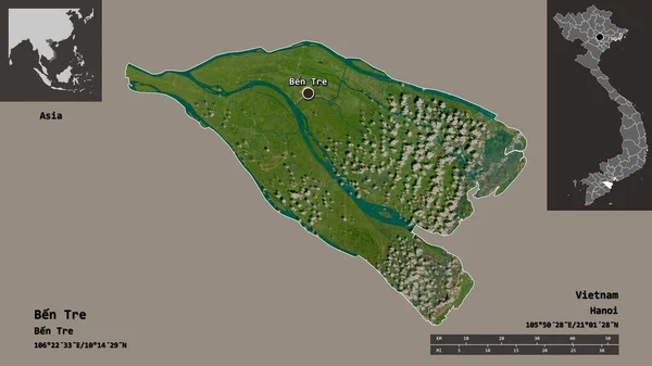 越南本省的形状和首都Ben Tre 距离刻度 预览和标签 卫星图像 3D渲染 — 图库照片