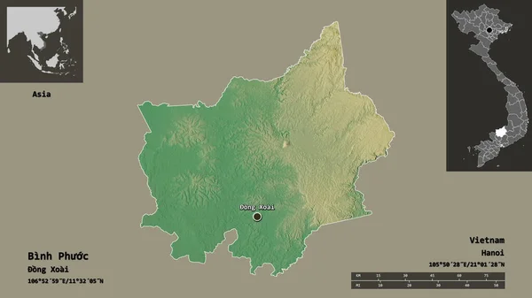 ビンフォック ベトナムの州 およびその首都の形状 距離スケール プレビューおよびラベル 地形図 3Dレンダリング — ストック写真