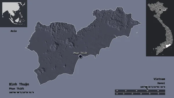 ビントゥアン ベトナムの州 およびその首都の形状 距離スケール プレビューおよびラベル 色の標高マップ 3Dレンダリング — ストック写真