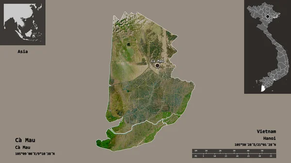 越南Ca Mau的形状和它的首都 距离刻度 预览和标签 卫星图像 3D渲染 — 图库照片