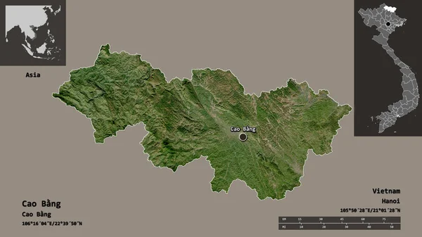 越南的曹邦及其首都的形状 距离刻度 预览和标签 卫星图像 3D渲染 — 图库照片