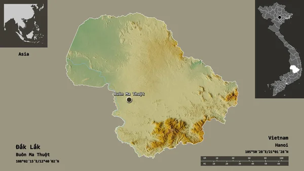 越南省的Ak Lak形状及其首都 距离刻度 预览和标签 地形浮雕图 3D渲染 — 图库照片