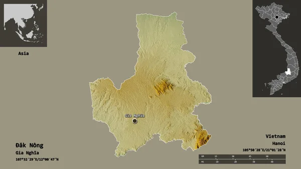 ベトナムの省であるAk Nongとその首都の形 距離スケール プレビューおよびラベル 地形図 3Dレンダリング — ストック写真