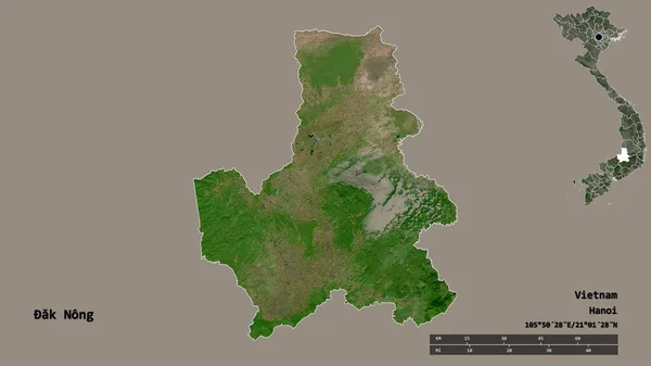 越南省Ak Nong的形状 其首都在坚实的背景下与世隔绝 距离尺度 区域预览和标签 卫星图像 3D渲染 — 图库照片