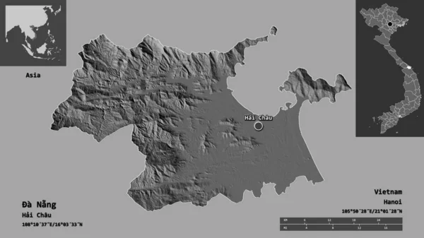 ベトナムの都市とその首都の形 距離スケール プレビューおよびラベル 標高マップ 3Dレンダリング — ストック写真