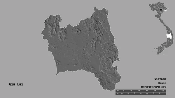 ベトナムの省であるGia Laiの形で その資本はしっかりとした背景に隔離されています 距離スケール リージョンプレビュー およびラベル 標高マップ 3Dレンダリング — ストック写真