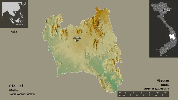 ベトナムの省であるGia Laiとその首都の形 距離スケール プレビューおよびラベル 地形図 3Dレンダリング — ストック写真