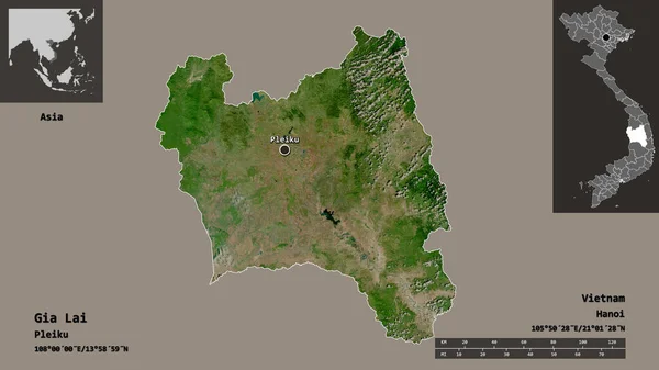 越南的嘉莱省及其首府的形状 距离刻度 预览和标签 卫星图像 3D渲染 — 图库照片