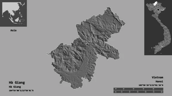 ベトナムの省 ハザンとその首都の形状 距離スケール プレビューおよびラベル 標高マップ 3Dレンダリング — ストック写真