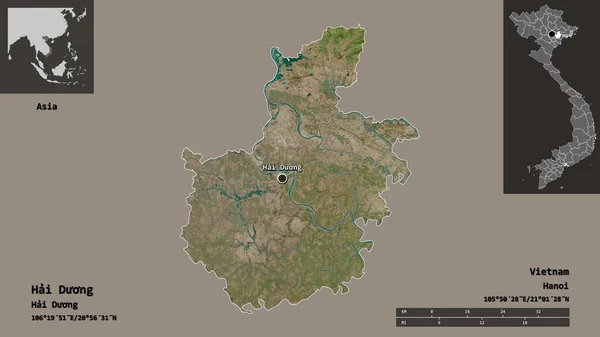 ハイズン ベトナムの省 およびその首都の形状 距離スケール プレビューおよびラベル 衛星画像 3Dレンダリング — ストック写真