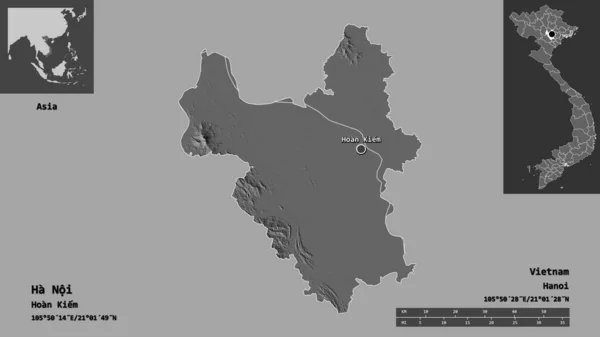 ハノイの形 ベトナムの都市 そして その首都 距離スケール プレビューおよびラベル 標高マップ 3Dレンダリング — ストック写真
