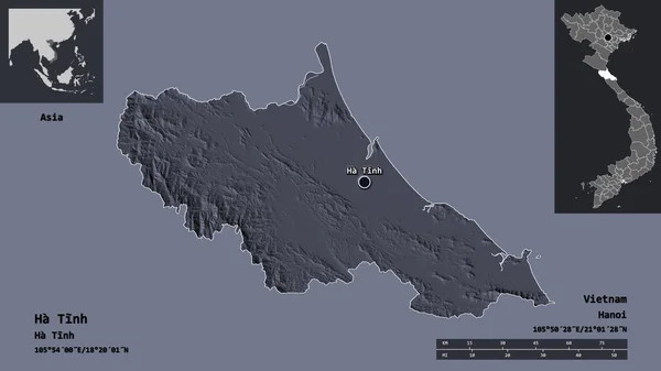 越南哈廷省的形状及其首都 距离刻度 预览和标签 彩色高程图 3D渲染 — 图库照片