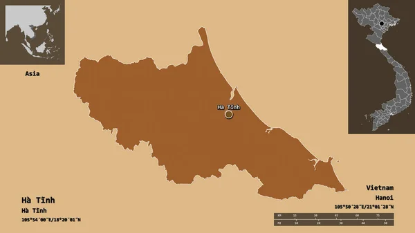越南哈廷省的形状及其首都 距离刻度 预览和标签 图形纹理的组成 3D渲染 — 图库照片