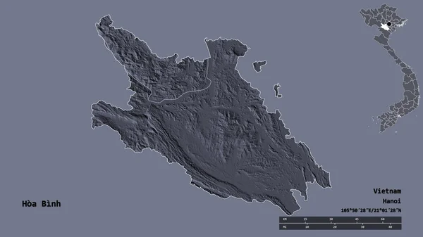 越南华平的形状 其首都在坚实的背景下与世隔绝 距离尺度 区域预览和标签 彩色高程图 3D渲染 — 图库照片