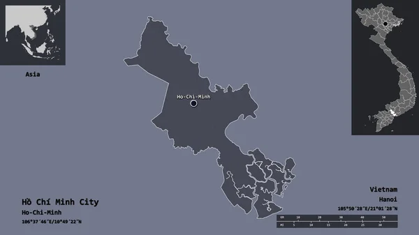 越南城市胡志明市及其首府的形状 距离刻度 预览和标签 彩色高程图 3D渲染 — 图库照片