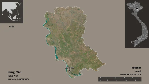 越南行云县及其首府的形状 距离刻度 预览和标签 卫星图像 3D渲染 — 图库照片