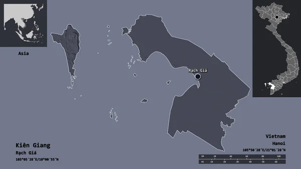 ベトナムの省のKien Giangとその首都の形 距離スケール プレビューおよびラベル 色の標高マップ 3Dレンダリング — ストック写真