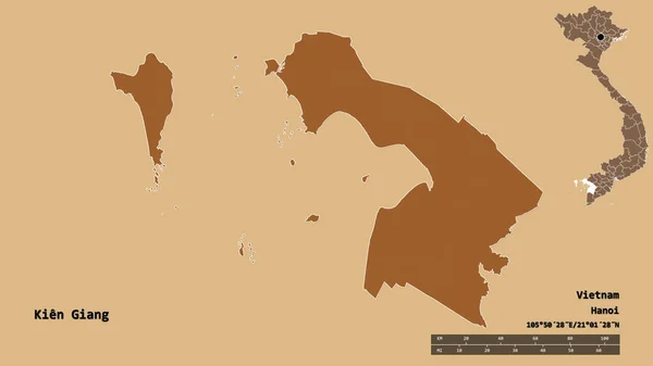 越南基安江的形状 其首都在坚实的背景下与世隔绝 距离尺度 区域预览和标签 图形纹理的组成 3D渲染 — 图库照片