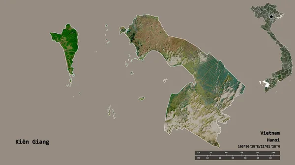 越南基安江的形状 其首都在坚实的背景下与世隔绝 距离尺度 区域预览和标签 卫星图像 3D渲染 — 图库照片