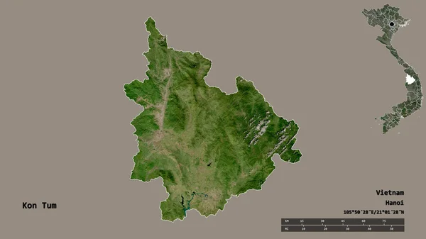 越南Kon Tum省的形状 其首都在坚实的背景下与世隔绝 距离尺度 区域预览和标签 卫星图像 3D渲染 — 图库照片