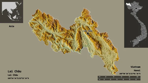 ベトナムの省であるライチャウとその首都の形 距離スケール プレビューおよびラベル 地形図 3Dレンダリング — ストック写真