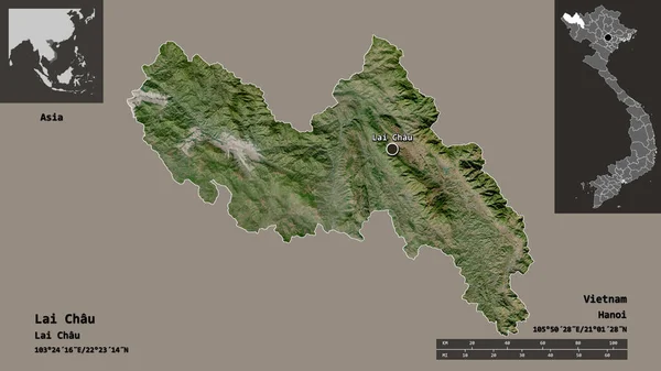 越南莱洲的形状和它的首都 距离刻度 预览和标签 卫星图像 3D渲染 — 图库照片