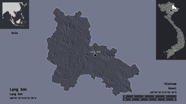 Lang Son, Vietnam vilayeti ve başkenti. Uzaklık ölçeği, ön gösterimler ve etiketler. Renkli yükseklik haritası. 3B görüntüleme