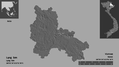 Lang Son, Vietnam vilayeti ve başkenti. Uzaklık ölçeği, ön gösterimler ve etiketler. Çift seviyeli yükseklik haritası. 3B görüntüleme